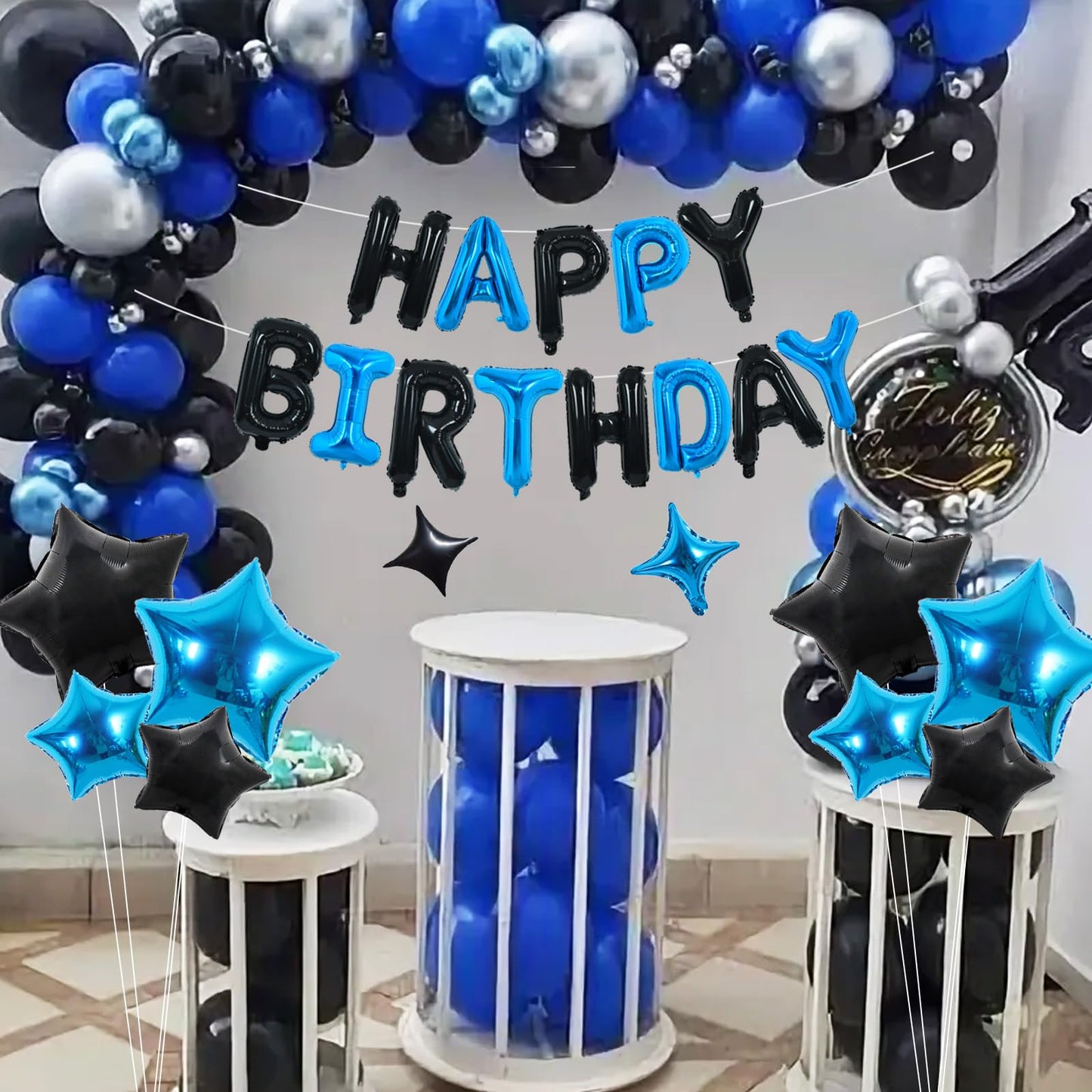 TONIFUL 35PCS Black Blue Birthday Decorations Kit - 16 Inch Happy Birthday Balloon Banner & Star Balloons for All Ages