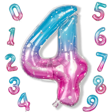 Purple Teal Number 4 Balloons, 40 In Large Mermaid Starry Number 4 Mylar Foil Helium Balloons For Girls, Self Inflating Rainbow