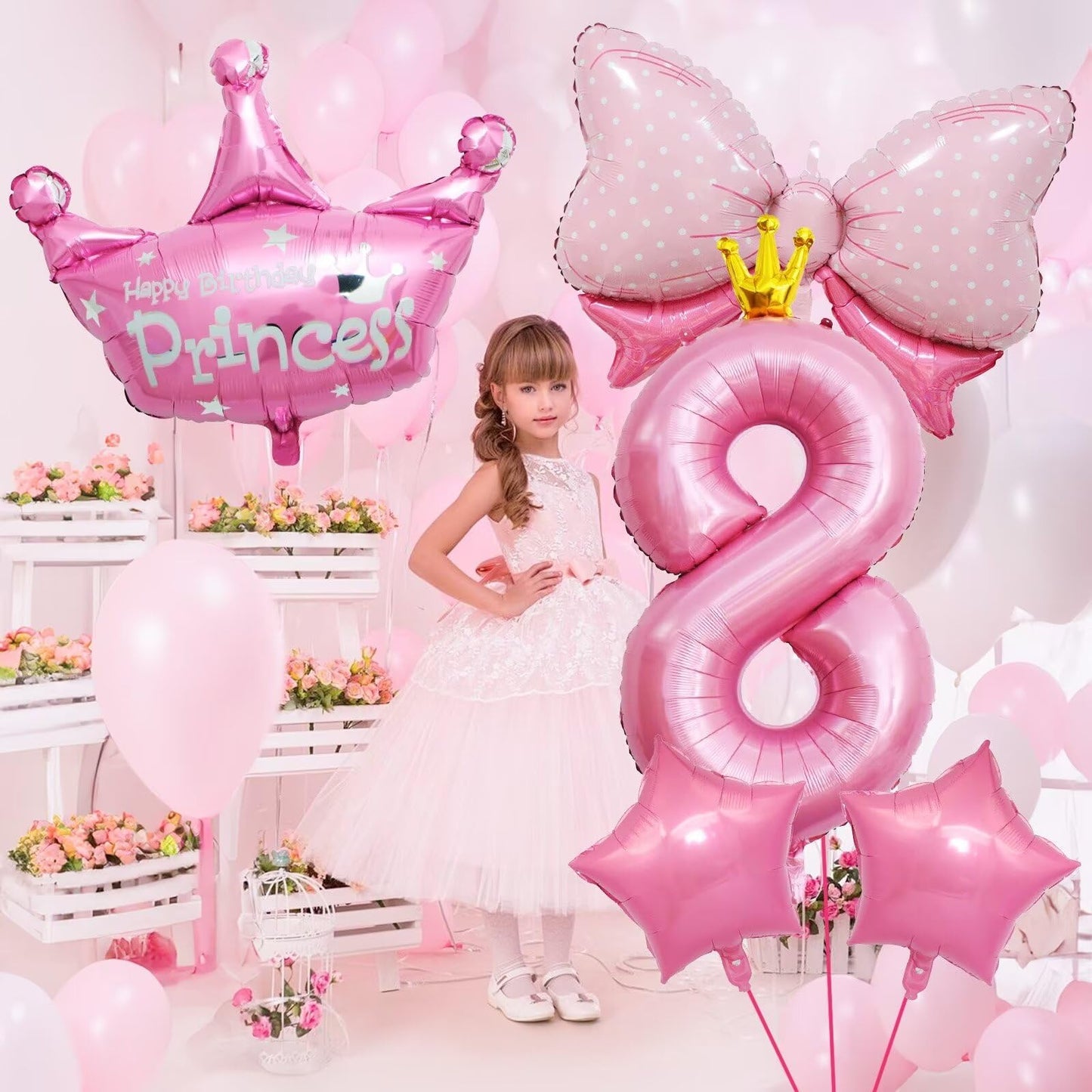 Pink 8Th Birthday Decorations, Pink 8Th Birthday Balloon Set With 40 Inch Pink Number 8, Large Helium Foil Mylar Princess Crown Balloon, Pink Bow Foil Balloons For Girls Birthday Party Decoration