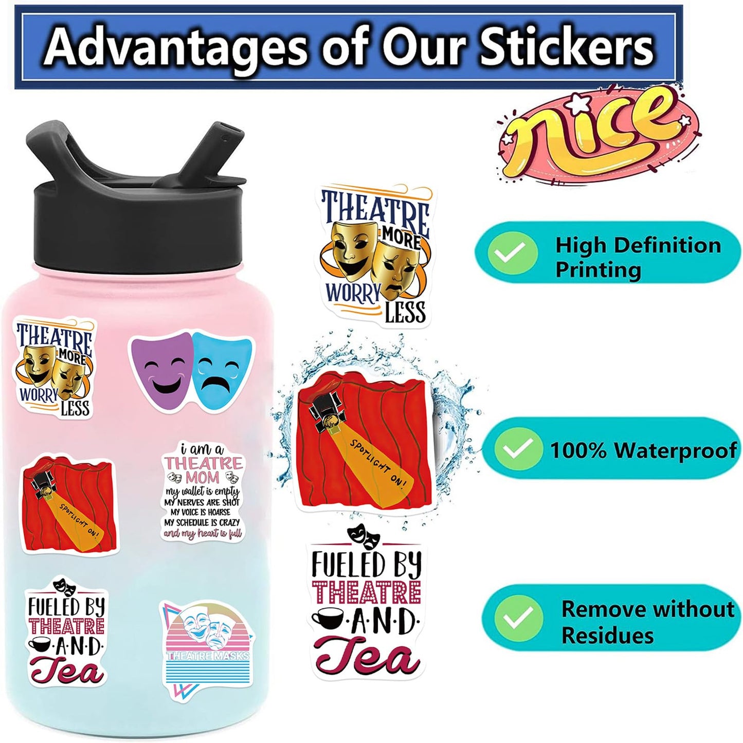 Theatre Stickers,50 Pcs Aesthetic Waterproof Stickers,Vinyl Stickers For Water Bottle,Laptop,Phone,Skateboard Stickers For Teens