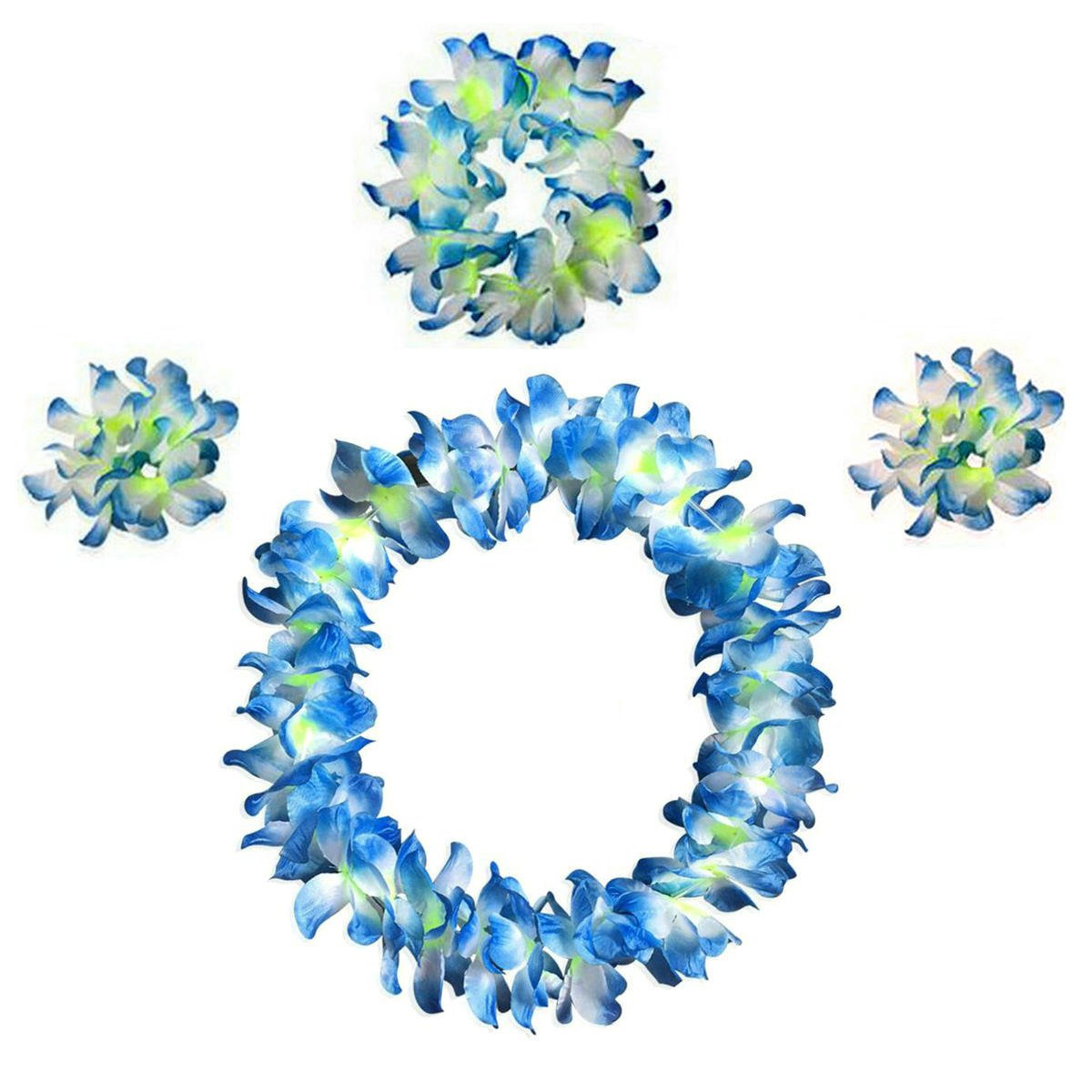 Bajotal Hawaiian Luau Hula Grass Skirt With Large Flower Costume Set For Dance Party Decorations Favors (32'' - Blue)