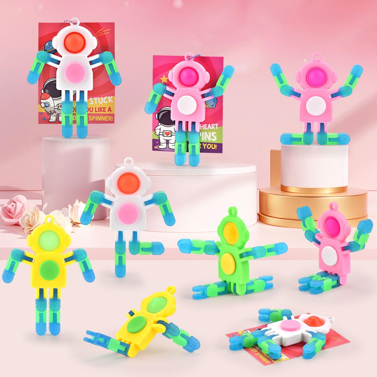 28 Pack Valentines Day Gifts for Kids - Astronaut Finger Spinners with Cards for School Exchanges, Classroom Activities, Game P