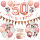 50Th Birthday Decorations Retro Pink Rose Gold,50Th Birthday Balloons,Happy 50Th Birthday Banner With Cake Toppers Rose Gold Num
