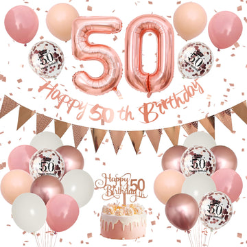 50Th Birthday Decorations Retro Pink Rose Gold,50Th Birthday Balloons,Happy 50Th Birthday Banner With Cake Toppers Rose Gold Num