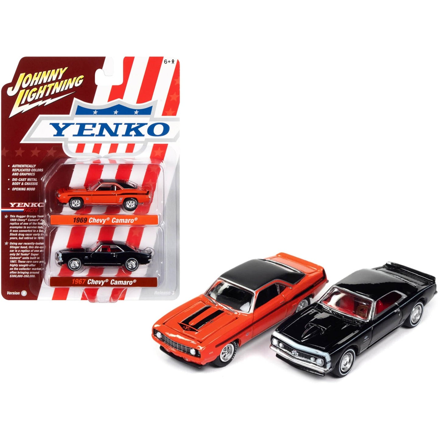 1969 Chevrolet Camaro Hugger Orange with Black Top and Stripes and 1967 Chevrolet Camaro Black with White Stripe and Red Interio