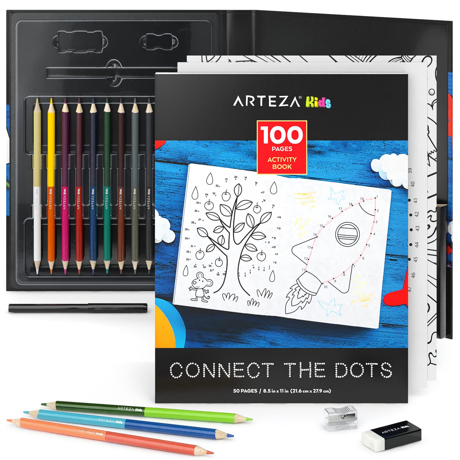 Arteza Kids Activity Book, Dot to Dot Coloring Book, 8.5 x 11 Inches, Back to School Supplies for Ages 6 and Up, 50 Sheets, 12 D
