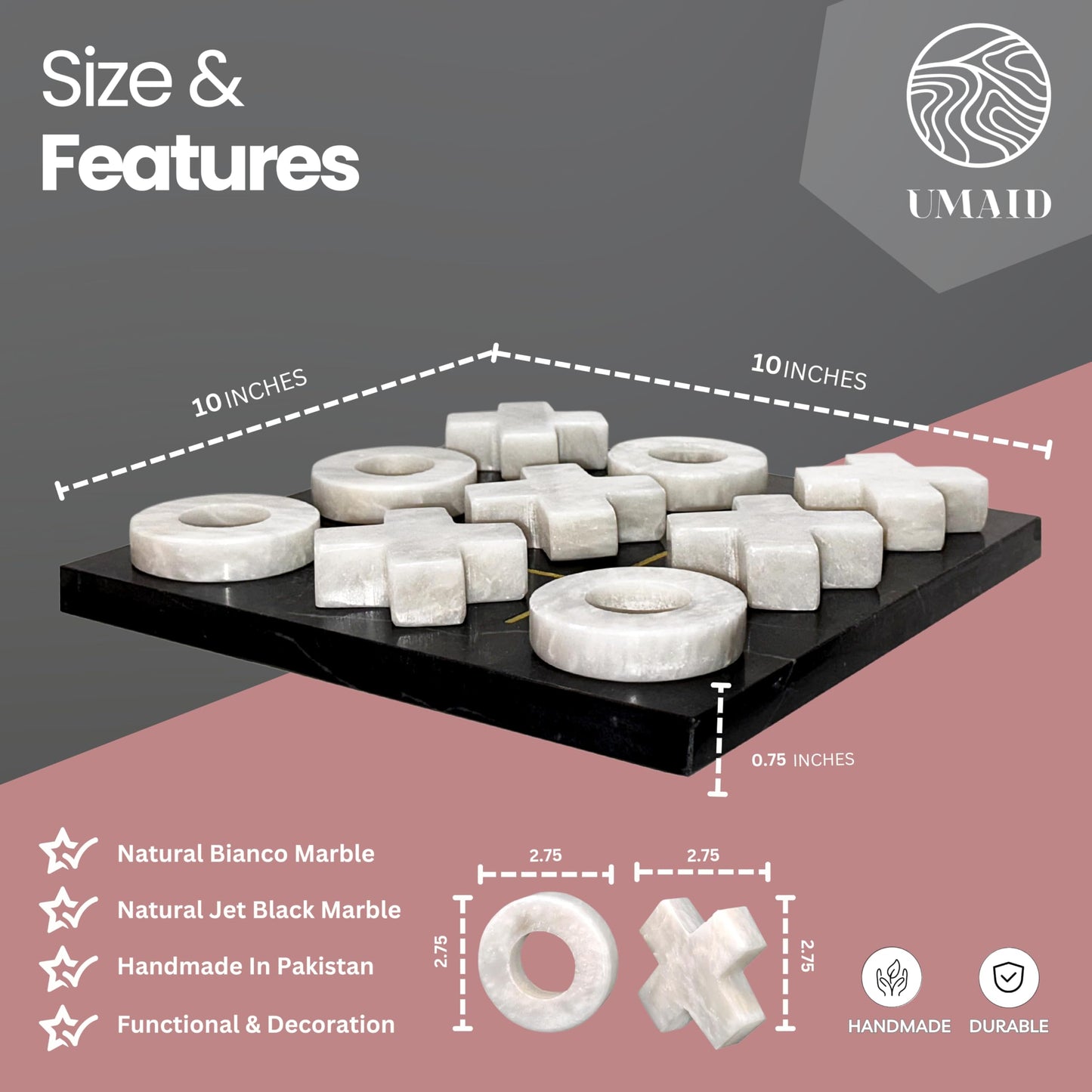 Umaid Luxury Marble Tic Tac Toe Game - A Sophisticated Touch For Dad This Fathers Day - Handcrafted 10    Onyx Board With Velvet