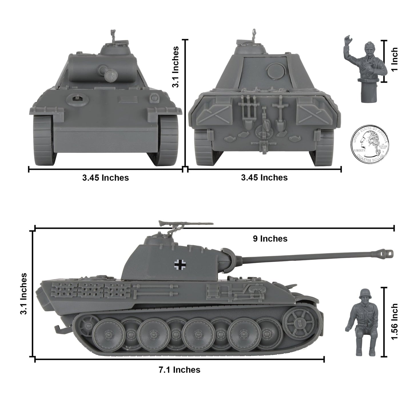 BMC Toys 1:38 WW2 German Panther V Tank - Charcoal Gray ABS Plastic Military Vehicle