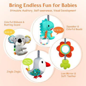 Xixiland Car Seat Toys Baby Toys 0-3 Months Developmental, Stroller Toys Infant Toys 0-6 Months Newborn Toys, Carseat Toys For Infants 0-12 Months With Dinosaur, Lion Mirror, Teether