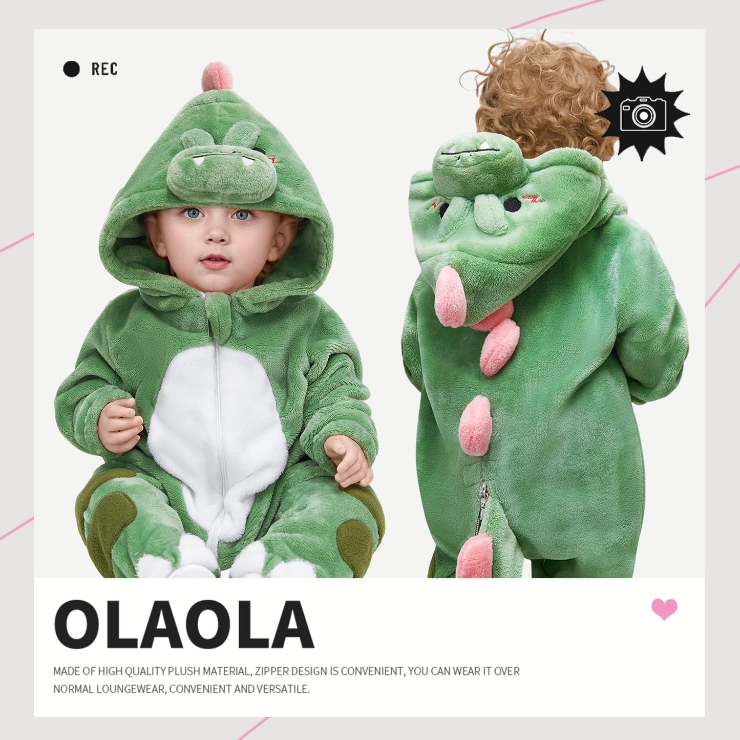 Olaola Baby Animal Costume Onesie, Unisex Toddler Dinosaur Romper, Plush Cosplay Dress Up Infant Outfits Halloween Costume