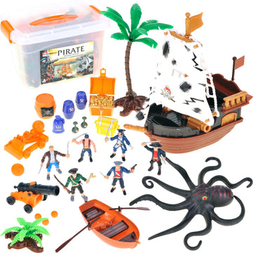 Powertrc Pirate Action Figures With Pirates, Sea Monsters, Boats, Treasure Chests, Cannons And Figurines Playset For Kids