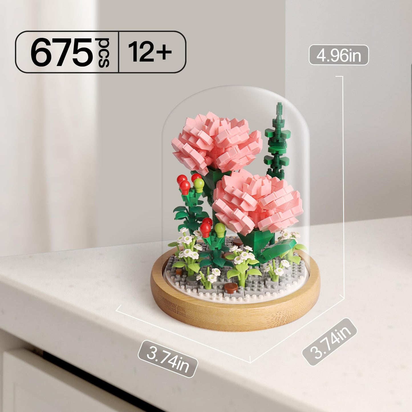 Flower Bouquets Building Sets, Pink Rose Bonsai Tree Botanical Collection With Display Case, Mini Gift Kits For Adults Teens 12+ Girls Women (675Pcs Micro Blocks)