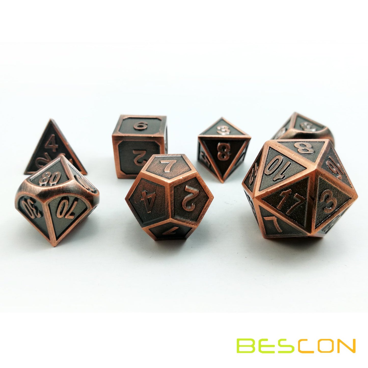 Bescon Antique Copper Solid Metal Polyhedral Dice Set of 7 Copper Metallic RPG Role Playing Game Dice 7pcs Set D4-D20