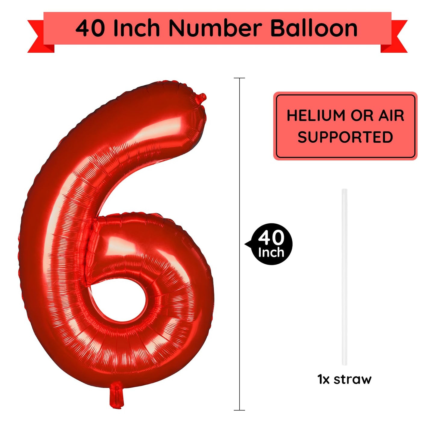 Paticool 40 Inch Red Number Balloon 6, Large Number Foil Balloons Mylar For Girl Boy Birthday Party Celebration Decorations Supp
