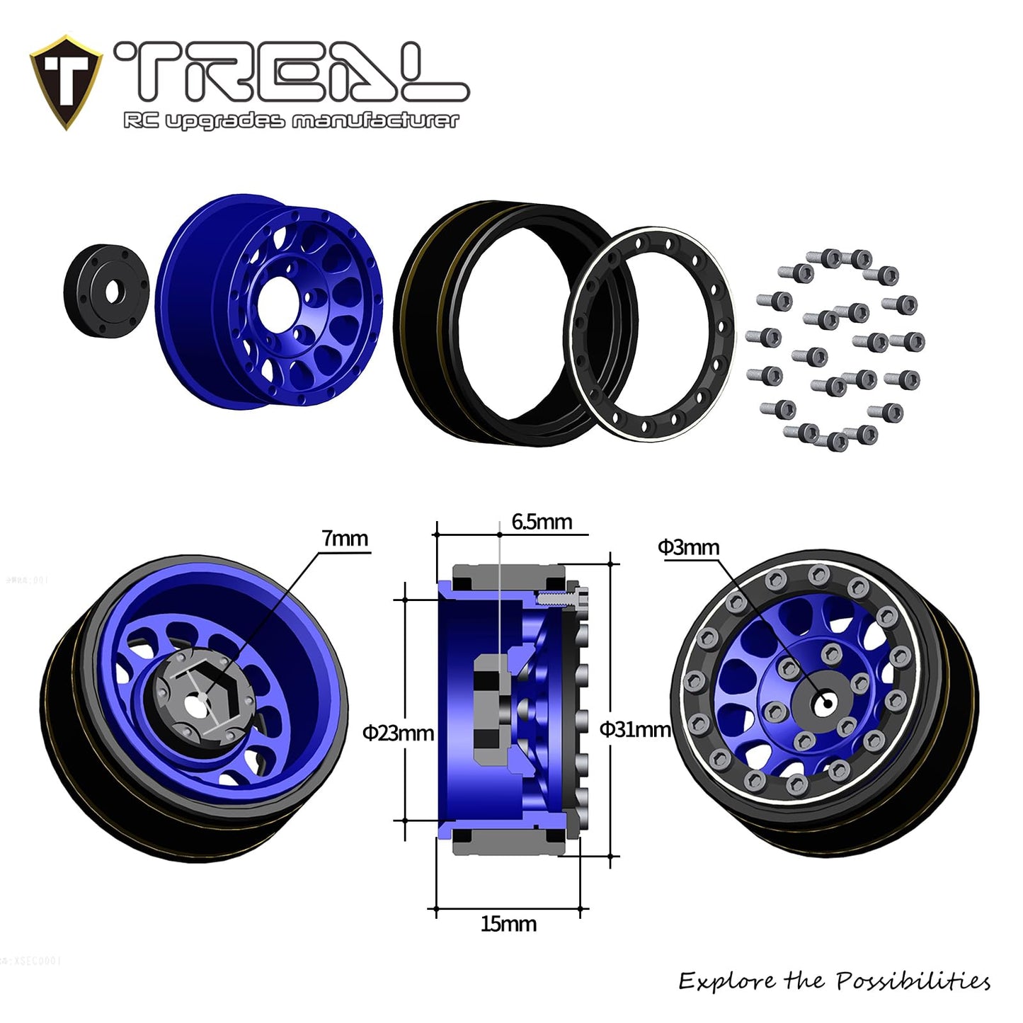 Treal 1.0 Beadlock Wheels 12 Spokes Classic Rims (4P) For Scx24 Ax24 Fcx24 Trx4M 1/24 1/18 Crawler Car-Type I(Black)