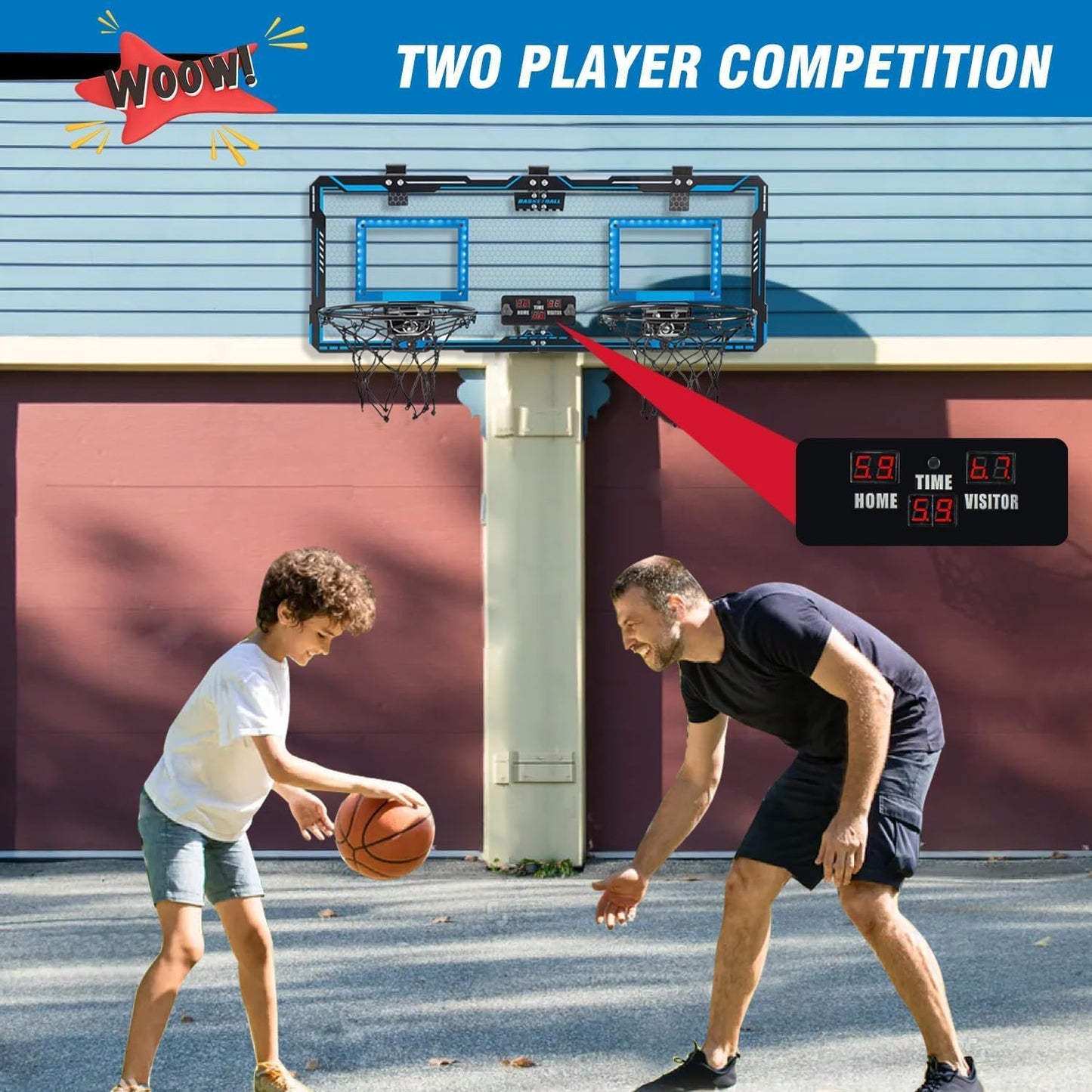 Vrogtik Indoor Double Shot Basketball Hoop - Over The Door With Led Light, Electronic Scoreboard, 4 Balls - Wall Mount Toy Mini