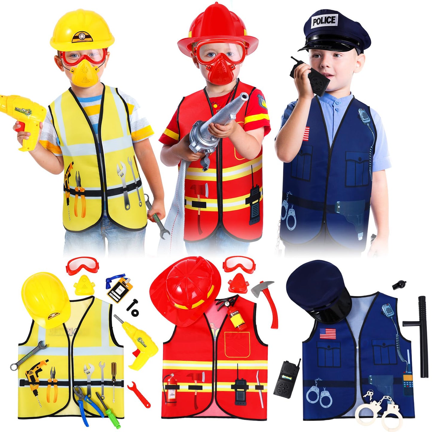 Bonuci 3 Sets Kids Role Play Clothes for Kids Age 3-7 Years Old  Dress up Costumes Vest Set Police  Fireman and Worker for Toddler Kids Boys Pretend Role Accessories
