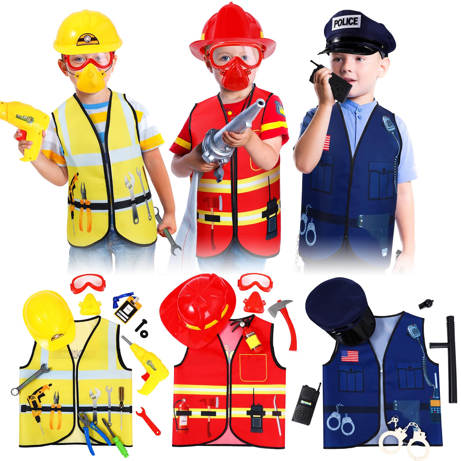 Bonuci 3 Sets Kids Role Play Clothes for Kids Age 3-7 Years Old  Dress up Costumes Vest Set Police  Fireman and Worker for Toddler Kids Boys Pretend Role Accessories
