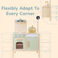 Pillowhale 2-in-1 Wooden Play Kitchen with Storage Rack, Kids Pretend Cooking Set w/Sink, Stove, Microwave & 8 Accessories, Mont
