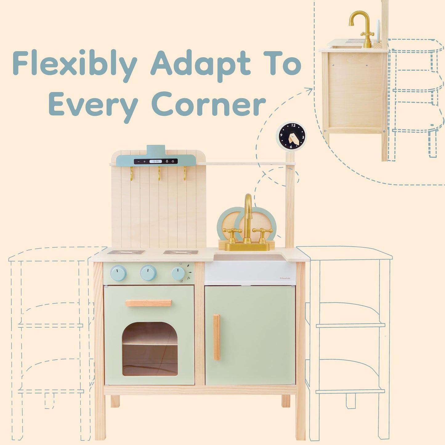 Pillowhale 2-in-1 Wooden Play Kitchen with Storage Rack, Kids Pretend Cooking Set w/Sink, Stove, Microwave & 8 Accessories, Mont