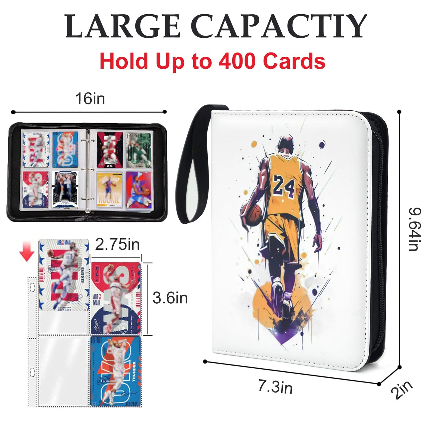 400 Pockets Basketball Card Binder for Basketball Trading Cards Collectors Portable Waterproof Card Storage Bag with Removable Sleeves Compatible with Sports Cards