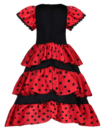 Relibeauty Girls Flamenco Costume Spanish Dancer Skirt Kids Halloween Fancy Dress With Red Flower, 3T/100