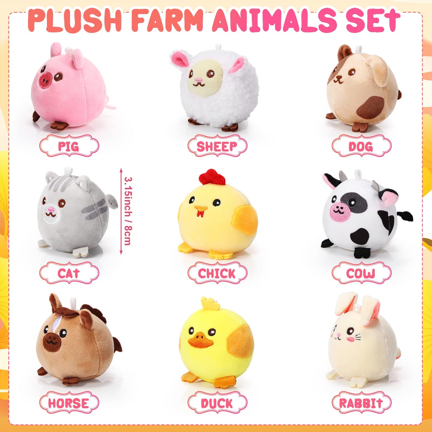 Skylety 9 Pcs Mini Plush Stuffed Animals Bulk 3.15 Inch Cute Soft Decompress Animals Plush Toys For Baby Shower Birthday Party Gifts Classroom Prizes Easter Basket Stuffers(Farm Animals)