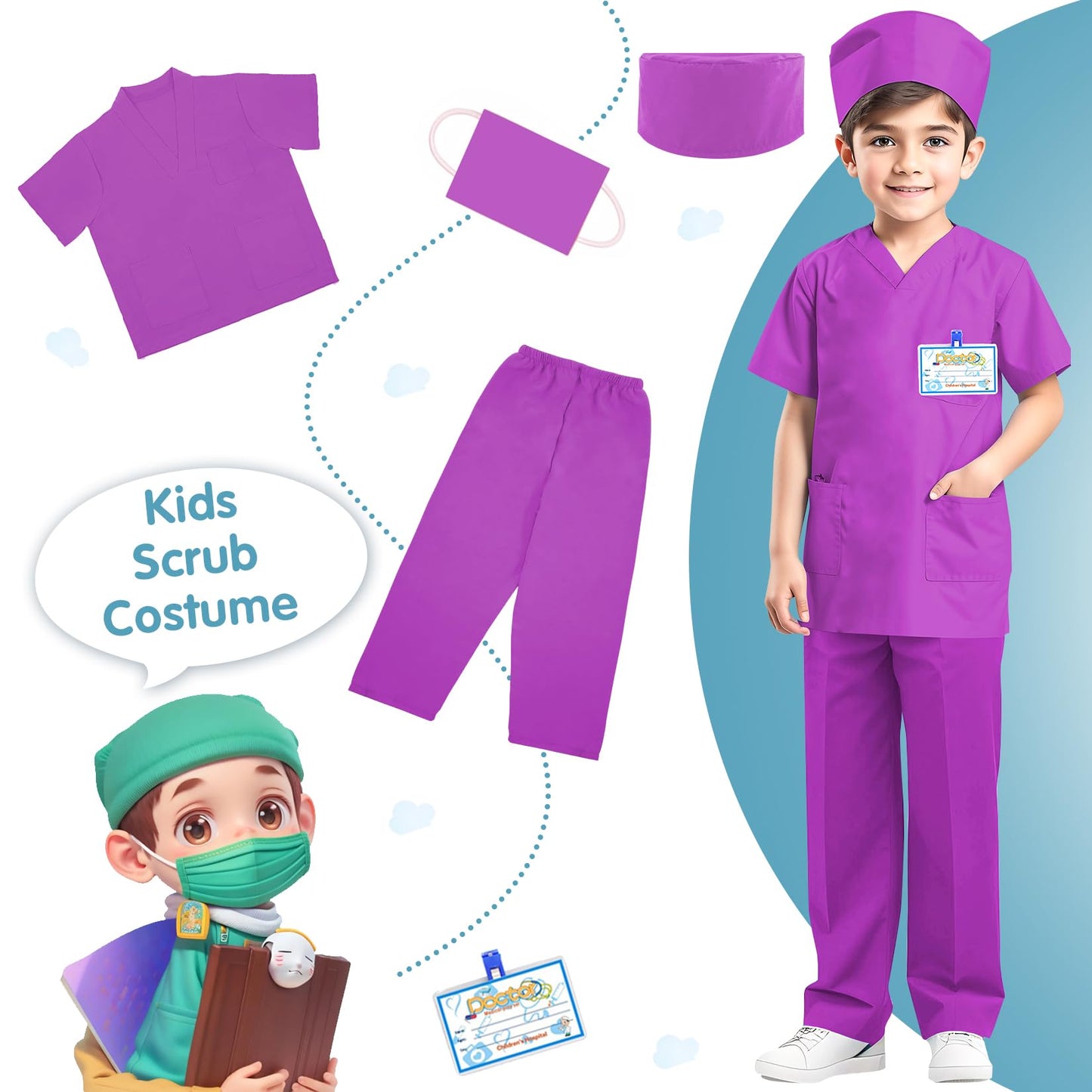 Riorand Doctor Costume For Kids,Toddler Nurse Scrubs Career Day Costume Halloween Dress Up Cosplay For Boys Girls 3-11 Years (Pu