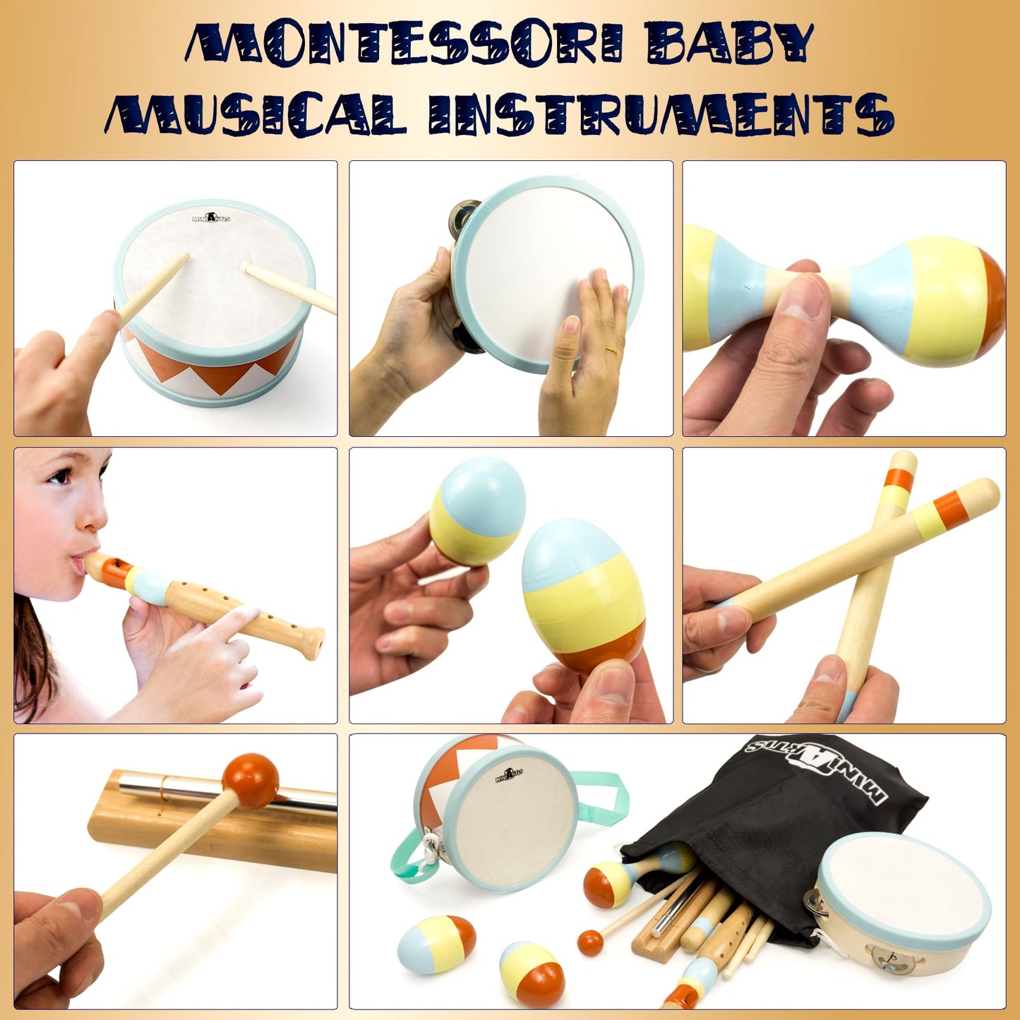 Miniartis Toddler Musical Instruments - Montessori Musical Toys For Toddlers 1-3 | Modern Boho Baby Drum Set With Neutral Colors