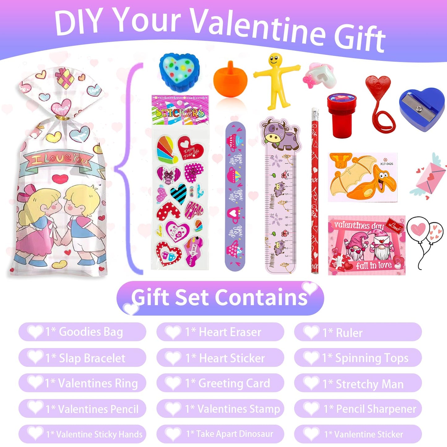 SQZUWIT 497PCS Valentines Day Gifts for Kids, 36 Pack Valentines Day Party Favor with Cards Pencils Stickers Erasers Stampers Cl
