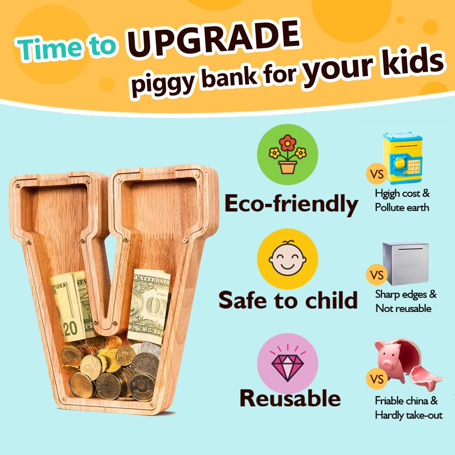 SummiDate Wooden Letter Piggy Bank| Piggy Bank for Boys Girls Toddler| Alphabet V Money Bank| Coin Bank Birthday Gift for Kids|Birthday Gift for Kids (V)