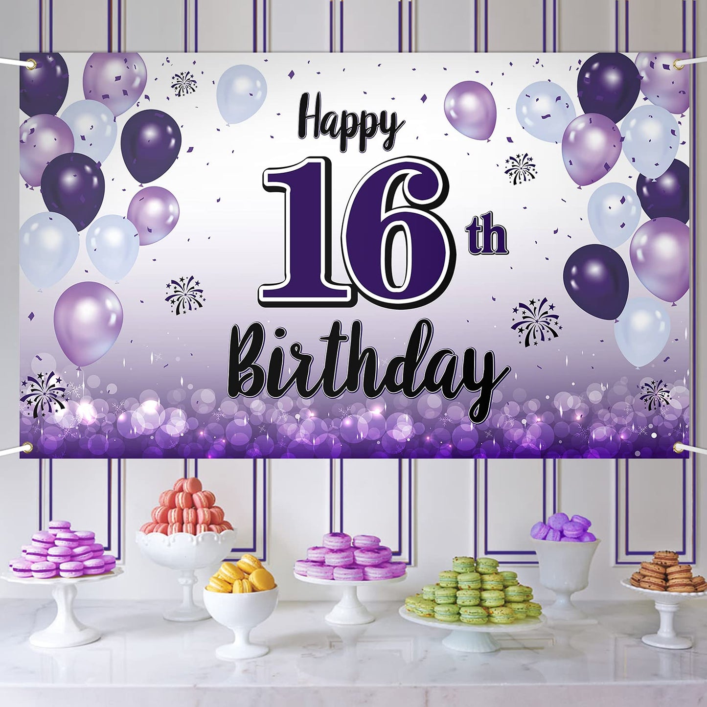 LASKYER Happy 16th Birthday Decorations,16th Purple Balloon Large Birthday Banner Backdrop Sign,Cheers to Sixteen Years Old Bday