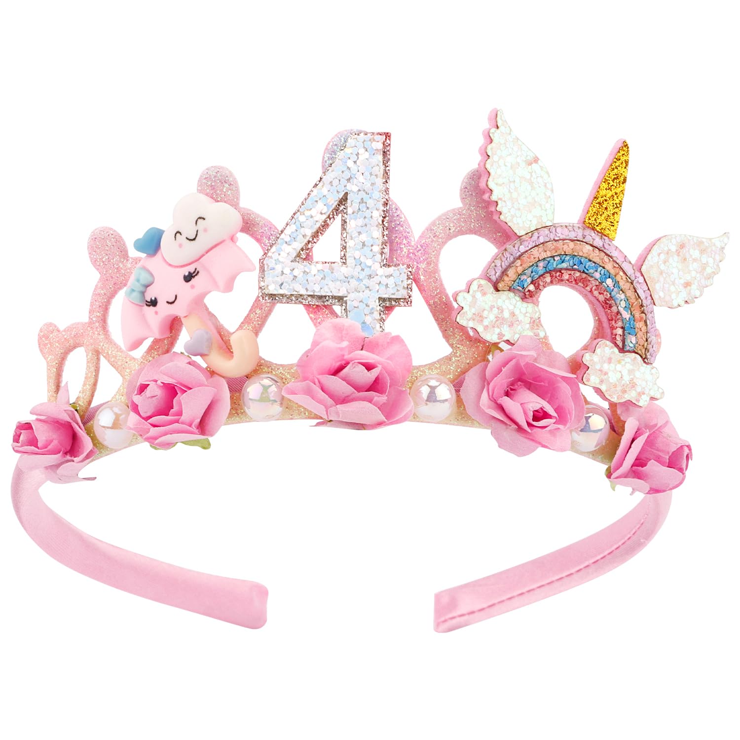 SuPoo 4th Birthday Headband Flower Crown for Girls Princess Tiara Decorations Hair Band Cute 4 Year Old Party Accessory