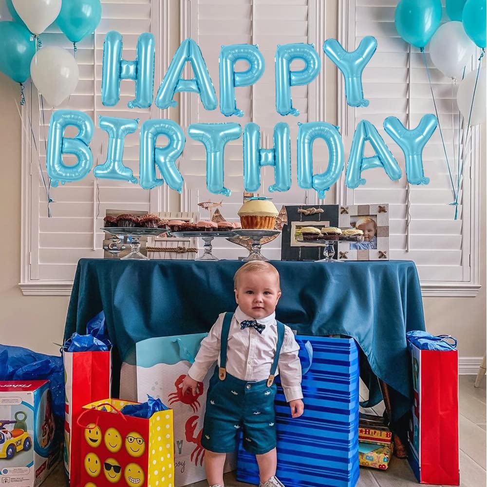 Toniful Light Blue Happy Birthday Balloons Banner, 16 Inch Mylar Foil Letters Sign Bunting Reusable Ecofriendly Material For Gir