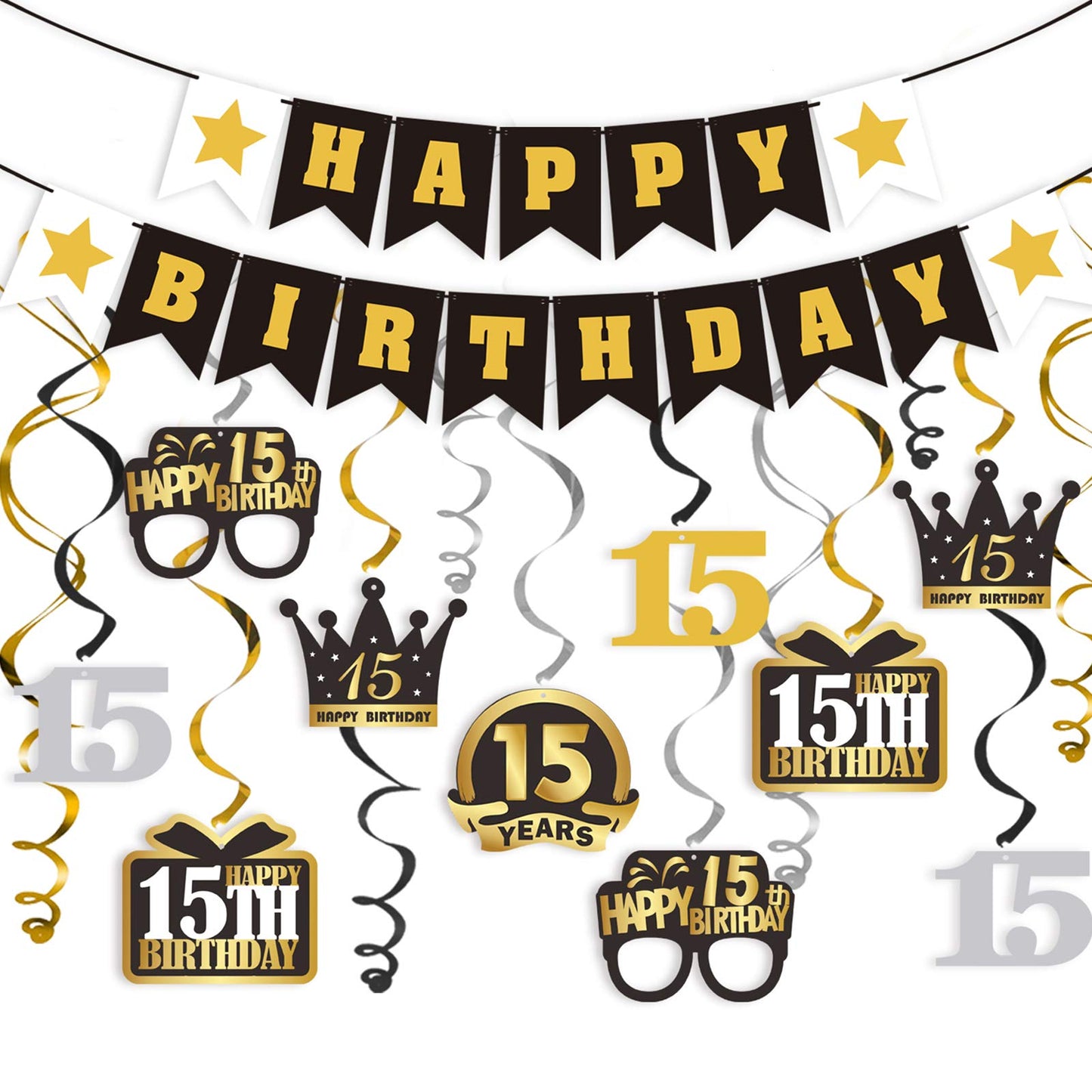 LINgTEER Happy 15th Birthday Swirls Streamers Set - Happy Birthday Banner,cheers to 15th Birthday Fifteen Years Old Bday Party H