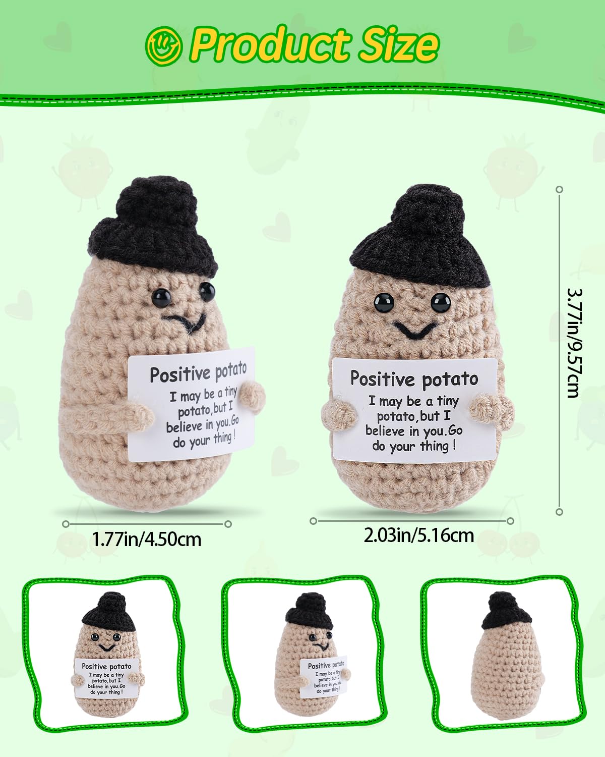 Jelutar Mini Funny Positive Potato, 3 Inch Knitted Doll With Positive Card For Cheer Up Gifts And Party Decorations, Cute Positive Potato Crochet Doll For Birthday Gifts (Potato With Black Hat)