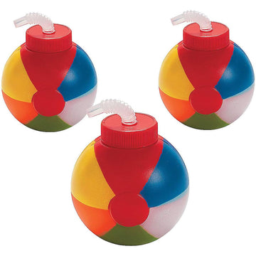 Fun Express Set of 12 Pieces Beach Ball Cups with Straws, Holds 23 oz, Summer Party Supplies, Multi-Color