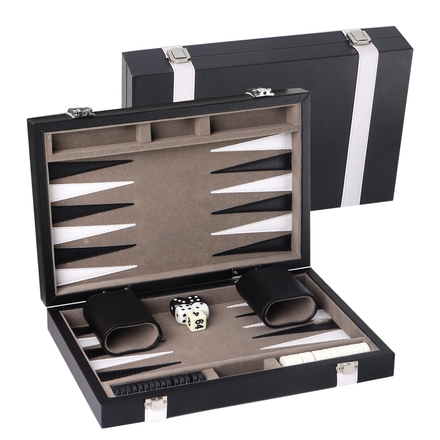 GSE enhanced Leather Backgn Board Game Set  Classic Backgn Game Set with Leather Case  Travel Folding Board Game (Black&Grey  Small)