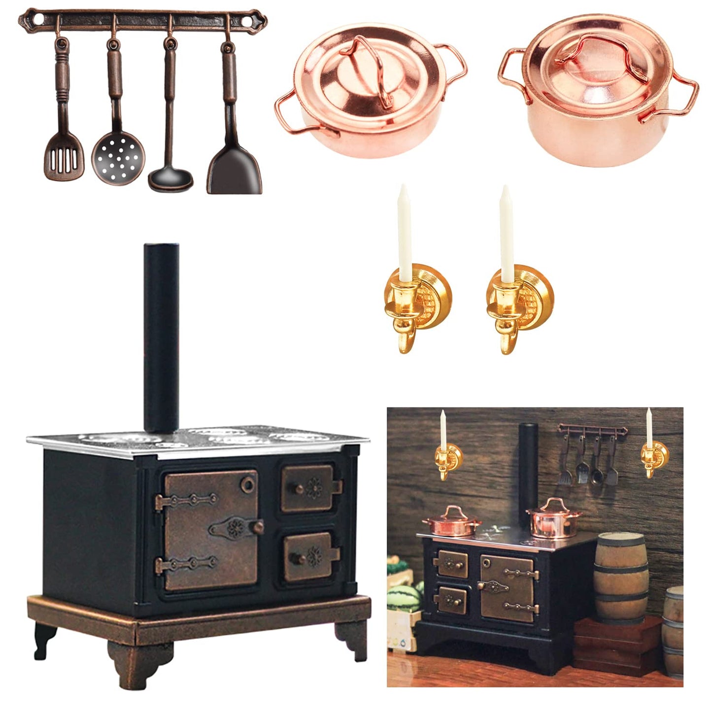 1/12 Miniature Furniture Cooking Stove Mini Retro Metal Stove with Miniature Wall Candle Holder Mini Pots Mini Spoon Shovel Cookware Tools for 1:12 Scale Kitchen Decoration -Like New