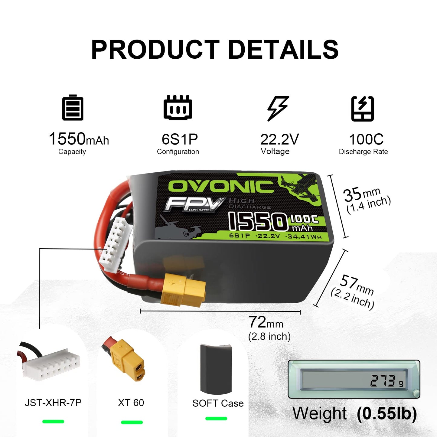 Ovonic 6S Lipo Battery 100C 1550Mah 22.2V Lipo Battery With Xt60 Connector For Rc Fpv Racing Drone Quadcopter
