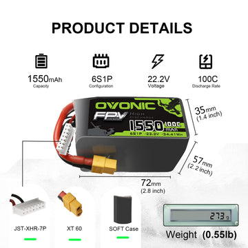 Ovonic 6S Lipo Battery 100C 1550Mah 22.2V Lipo Battery With Xt60 Connector For Rc Fpv Racing Drone Quadcopter