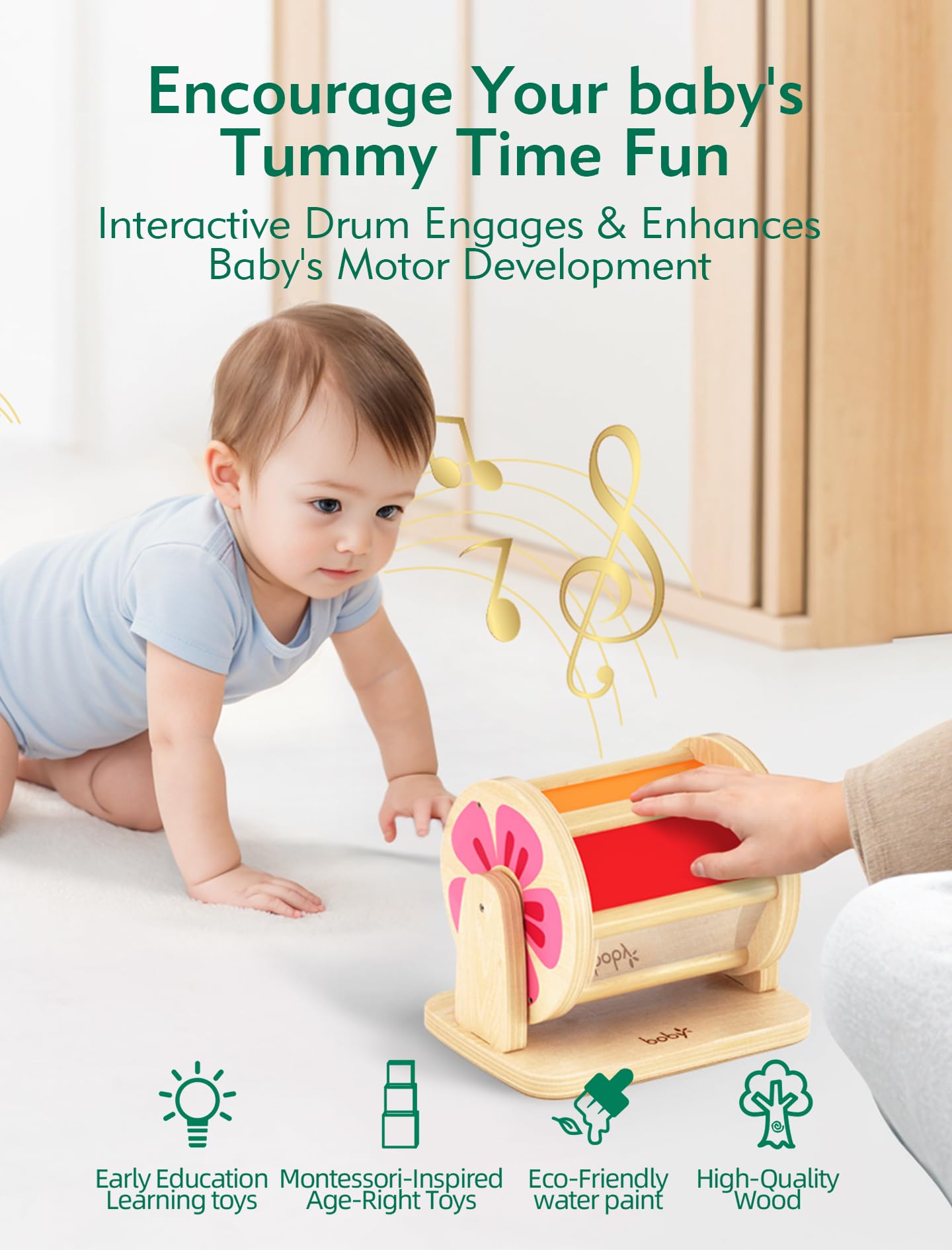 Montessori Spinning Drum Toy Set for Babies 6-12 Months  Sensory Development & Tummy Time Fun - Wooden Infant Toys with Mirror & Bell  for Boys & Girls