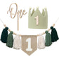 HODIHIWI 1st Green High chair Banner Wood Bead Tassel Garland Crown Hat Wooden Cake Topper Birthday Party Decorations