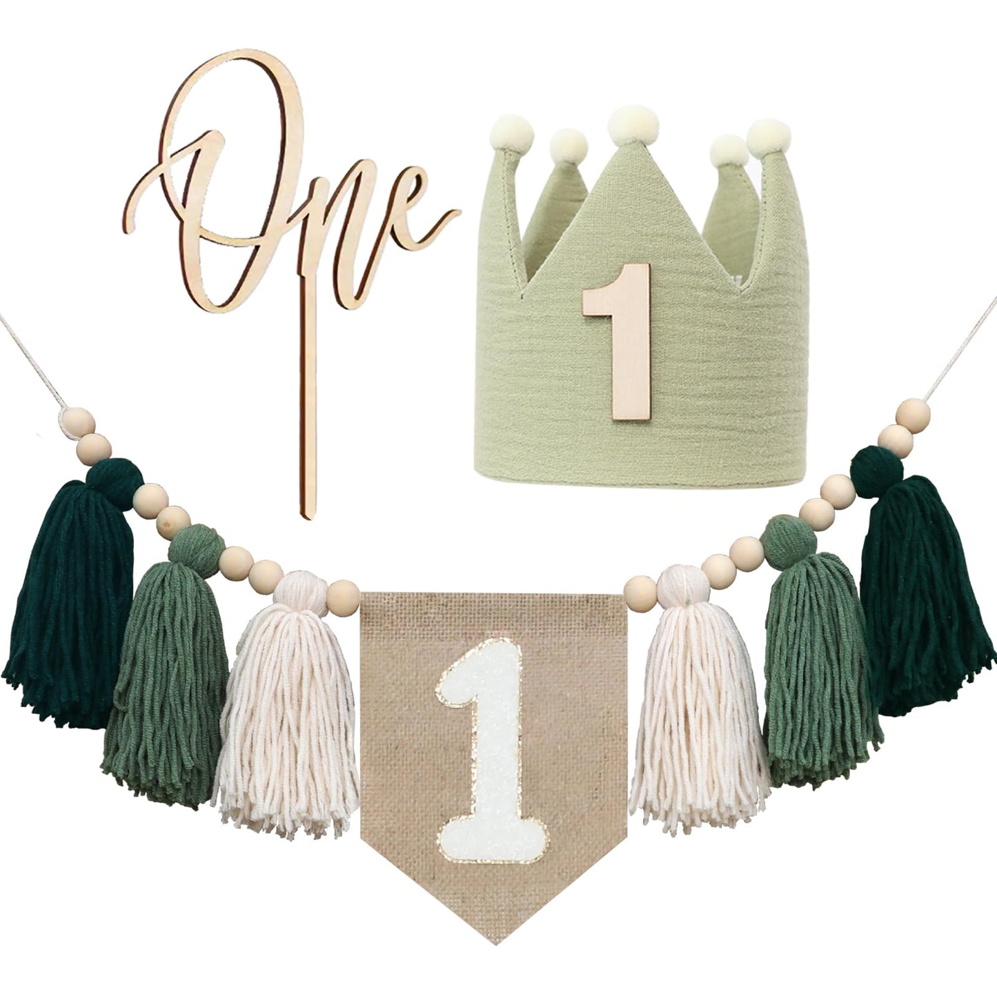 HODIHIWI 1st Green High chair Banner Wood Bead Tassel Garland Crown Hat Wooden Cake Topper Birthday Party Decorations