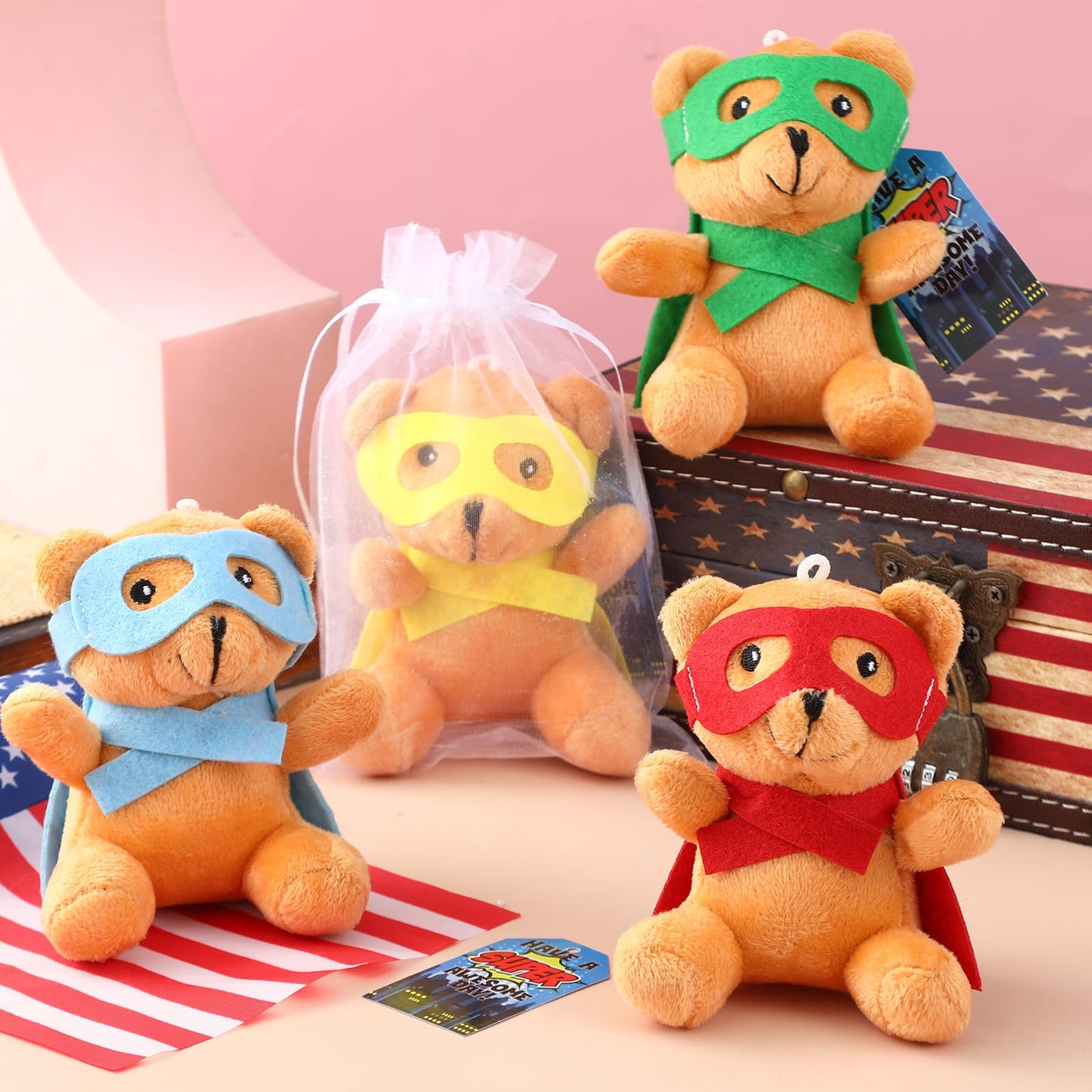 Silipull 12 Pcs Hero Party Favors Hero Stuffed Animal Bears with Tie Dye Card Back to School Gifts for Student Small Toys 4 Plus