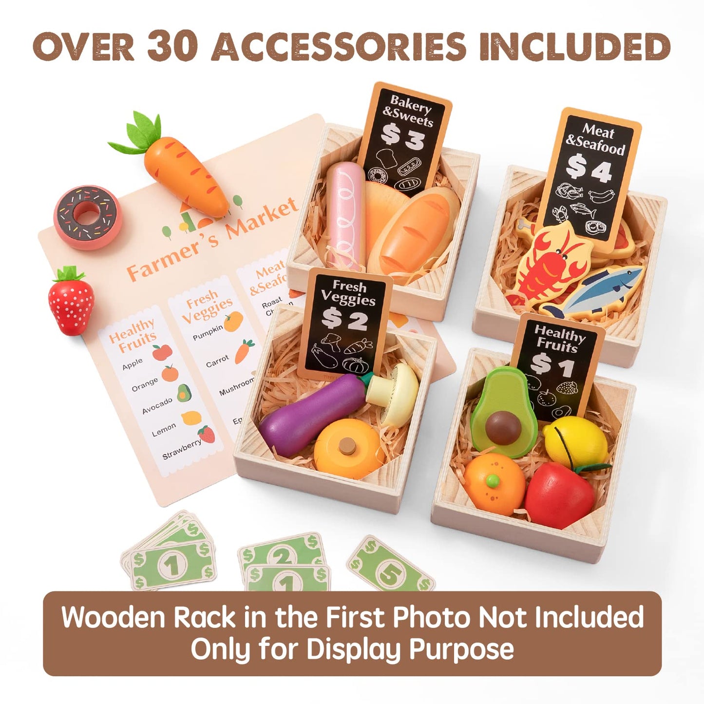 Tiny Land Wooden Play Food Sets for Kids Kitchen - 100% Wood 43 Pieces Kids Toy Food for Toddlers 3+ Year Old, Pretend Food Play
