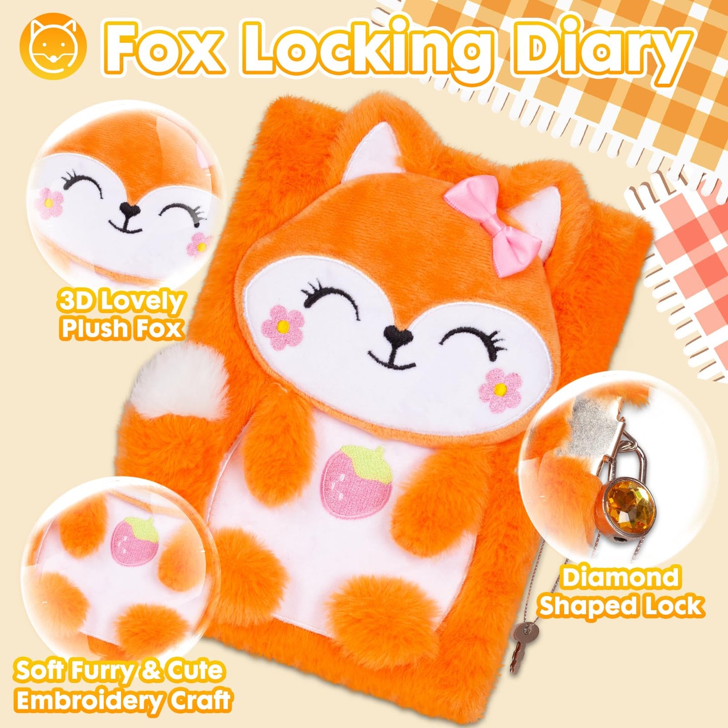 Fox Diary For Girls With Lock, Plush Fox Toys Gift For Teen Girls, Kids Fox Writing Journal Notebook, Birthday Gifts For Little Girls Ages 5 6 7 8 9 10-12 Year Old