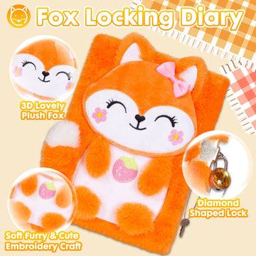 Fox Diary For Girls With Lock, Plush Fox Toys Gift For Teen Girls, Kids Fox Writing Journal Notebook, Birthday Gifts For Little Girls Ages 5 6 7 8 9 10-12 Year Old