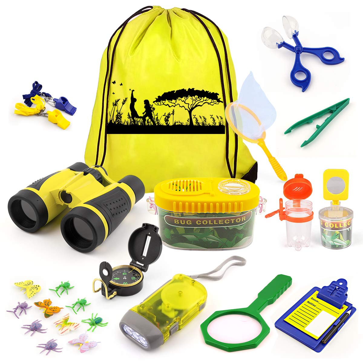 Kaqinu Kids Explorer Kit, 24 Pcs Outdoor Adventure Camping Kit & Bug Catcher Kit With Drawstring Bag, Binoculars, Compass, Butterfly Net, Educational Nature Exploration Toys Gift For Boys & Girls