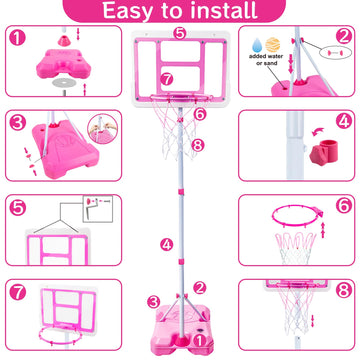 Kids Basketball Hoop With Stand, Adjustable Height 3.5Ft-6.2Ft Toddler Basketball Hoop, Basketball Goal Outdoor Indoor Toys For Girls Age 3 4 5 6 7 8 Years Old Gifts(Pink)
